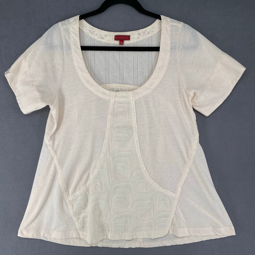 One September Romantic Boho Scoop Neckline Short Sleeve Top Women‎ L Cream Sheer
